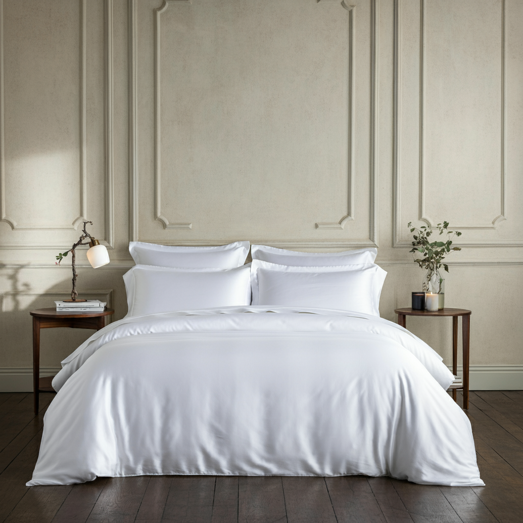 Feines Satin Spannbettlaken aus 100% ägyptischer Baumwolle von Finole, seidig glatt, atmungsaktiv und luxuriös.