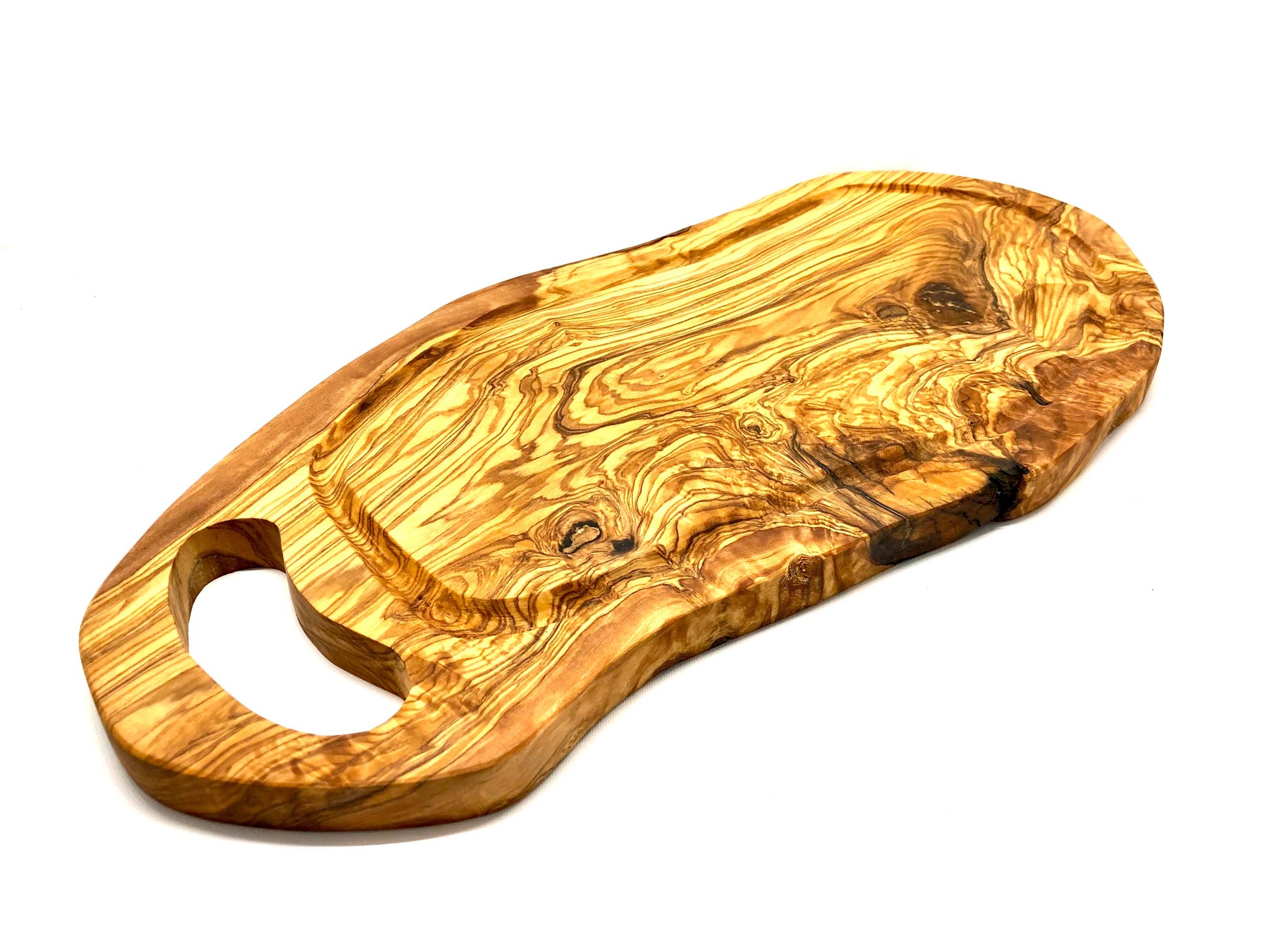 Olivenholz-Schneidebrett mit Saftrille und Griff, handgefertigt, 40–44 cm, ideales Servier- und Schneidebrett von olivenholz-erleben.
