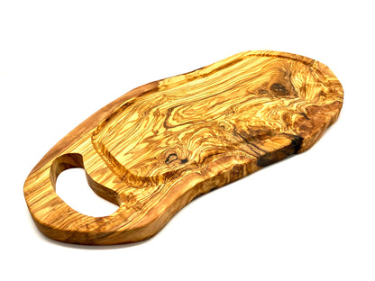 Olivenholz-Schneidebrett mit Saftrille und Griff, handgefertigt, 40–44 cm, ideales Servier- und Schneidebrett von olivenholz-erleben.