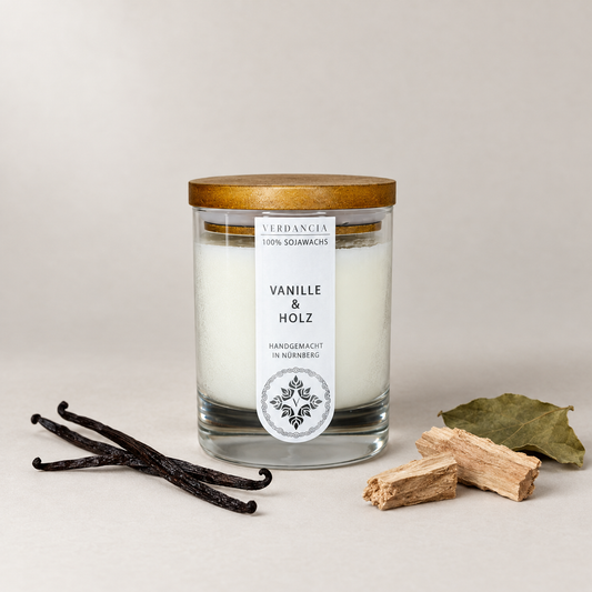 Vanille & Holz | Duftkerze Sojawachs – Vanille, Patchouli und Sandelholz – warm & gemütlich