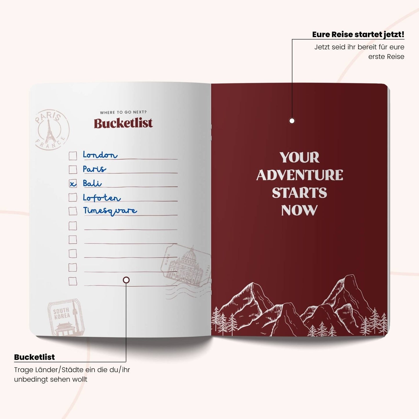 Reisetagebuch von memories2make, handliches Buch zum Festhalten von Reiseerlebnissen, mit kunstvollem Cover und Seiten für Erinnerungen