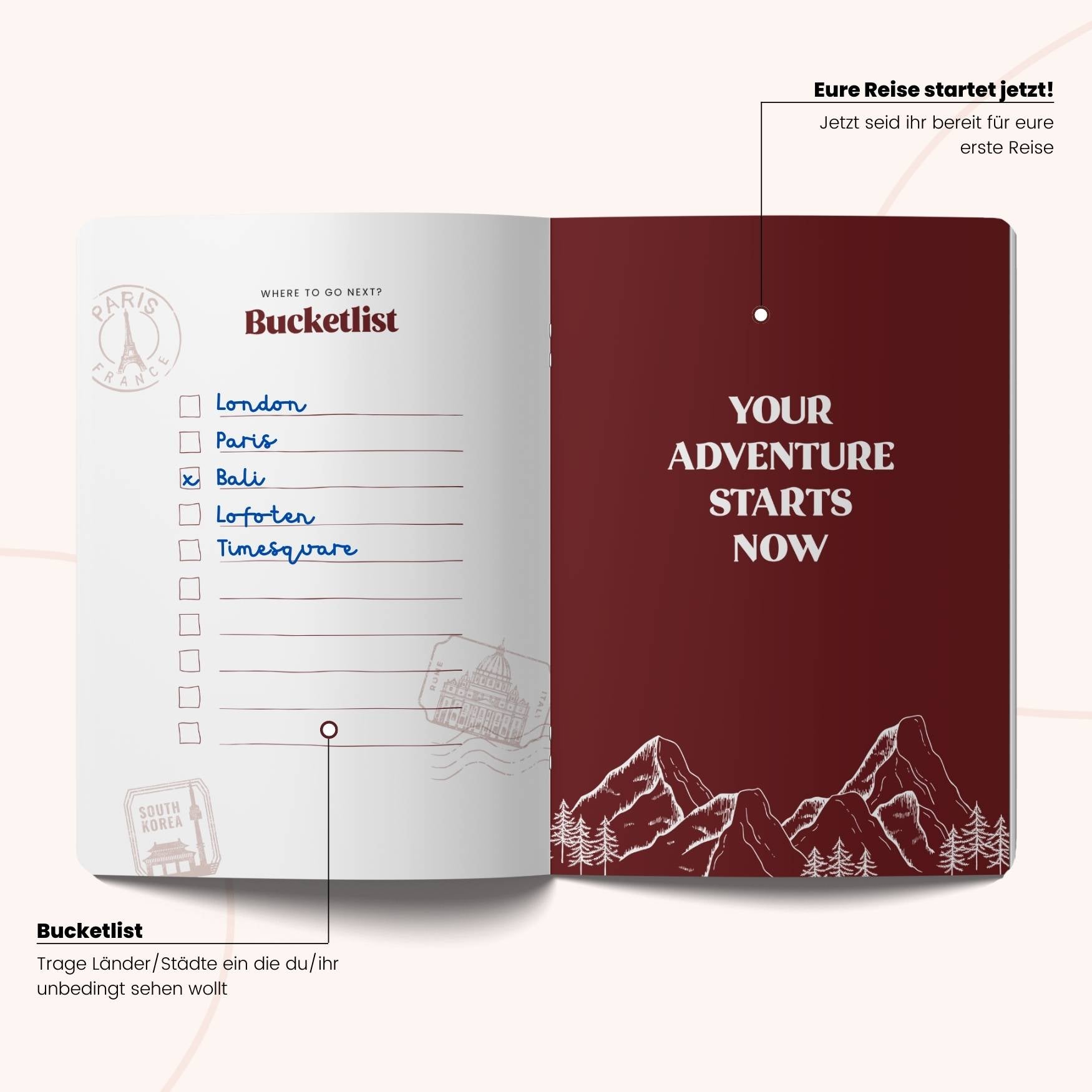 Reisetagebuch von memories2make, handliches Buch zum Festhalten von Reiseerlebnissen, mit kunstvollem Cover und Seiten für Erinnerungen