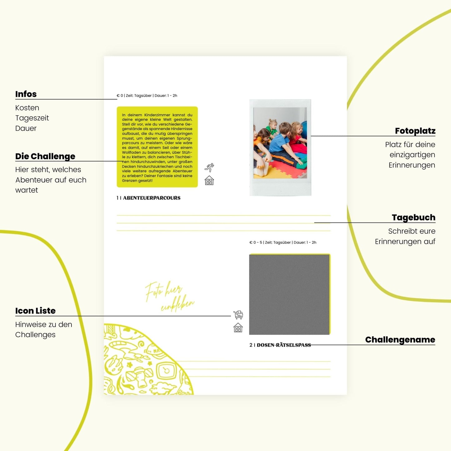 Kinder Challengebuch von memories2make mit bunten Illustrationen und Platz für kreative Aufgaben und Erinnerungen