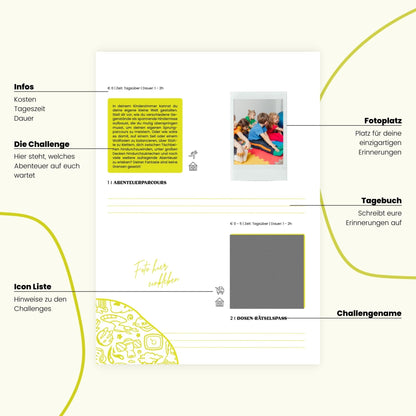 Kinder Challengebuch von memories2make mit bunten Illustrationen und Platz für kreative Aufgaben und Erinnerungen