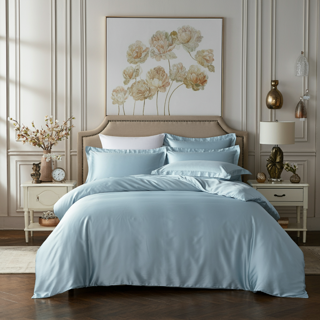 Feines Satin Spannbettlaken von Finole aus 100% ägyptischer Baumwolle, seidig glatt, atmungsaktiv und luxuriös.