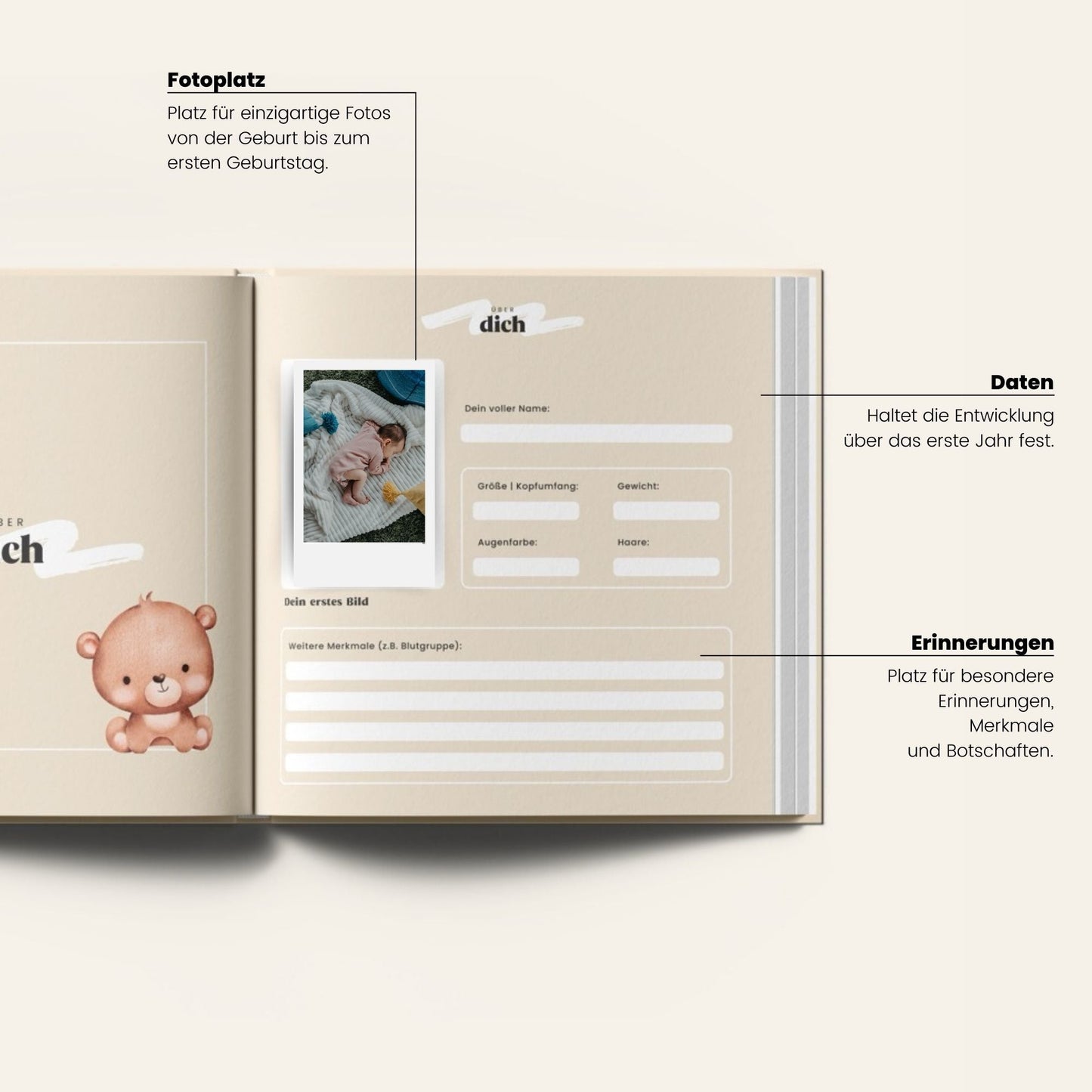 „My First Memories“ Babybuch von memories2make, Erinnerungsalbum für die ersten Jahre und besondere Momente, offene Seite mit Fotos.