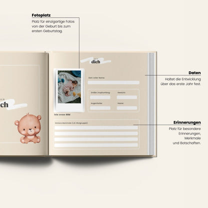 „My First Memories“ Babybuch von memories2make, Erinnerungsalbum für die ersten Jahre und besondere Momente, offene Seite mit Fotos.