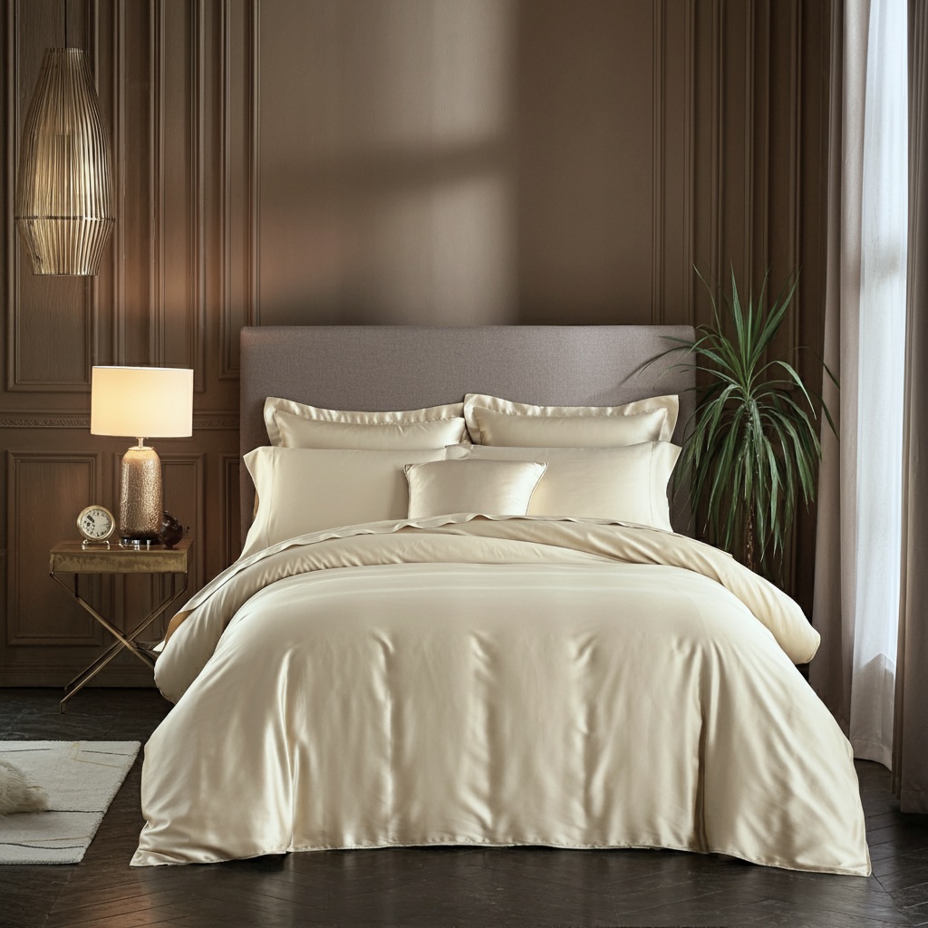 Feines Satin Spannbettlaken von Finole aus ägyptischer Baumwolle, seidig glatt, atmungsaktiv und luxuriös, in weißer Farbe.