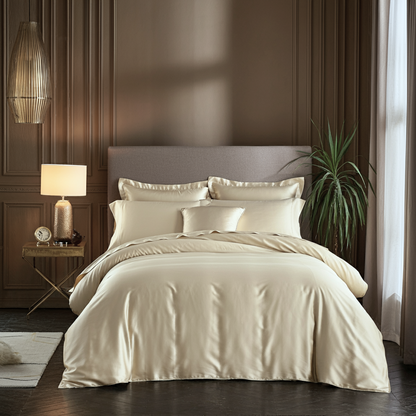 Feines Satin Spannbettlaken von Finole aus ägyptischer Baumwolle, seidig glatt, atmungsaktiv und luxuriös, in weißer Farbe.
