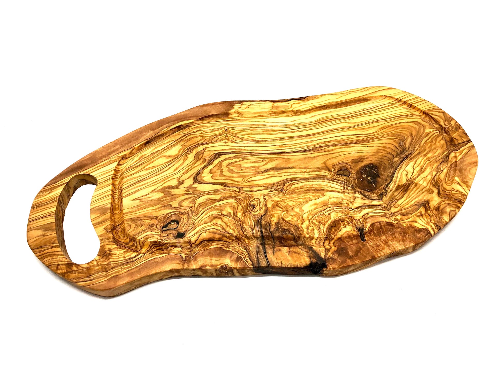 Olivenholz-Steakbrett mit Saftrille und Griff, handgefertigt, 40-44 cm, Schneide- und Servierbrett aus Olivenholz von olivenholz-erleben