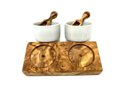 Set of 2 salt bowls with salt scoop, olive wood