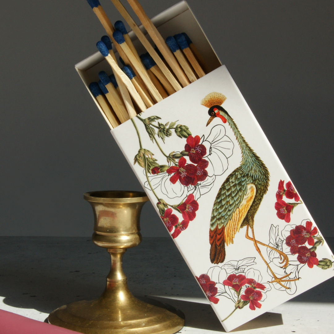 Vintage Streichhölzer – Lange Streichhölzer mit künstlerischem Motiv „Heron“ - Verdancia