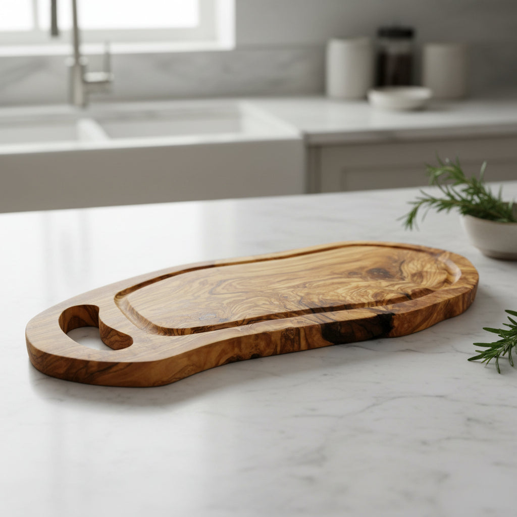 Olivenholz-Steakbrett mit Saftrille und Griff, handgefertigtes Schneide- und Servierbrett, 40–44 cm, von olivenholz-erleben