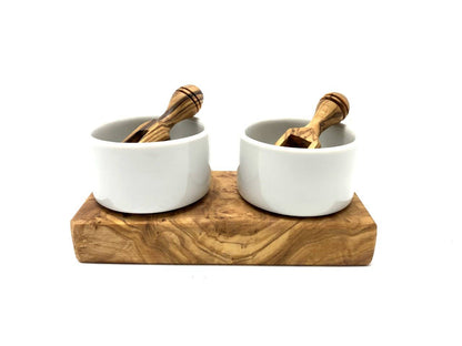 Set of 2 salt bowls with salt scoop, olive wood