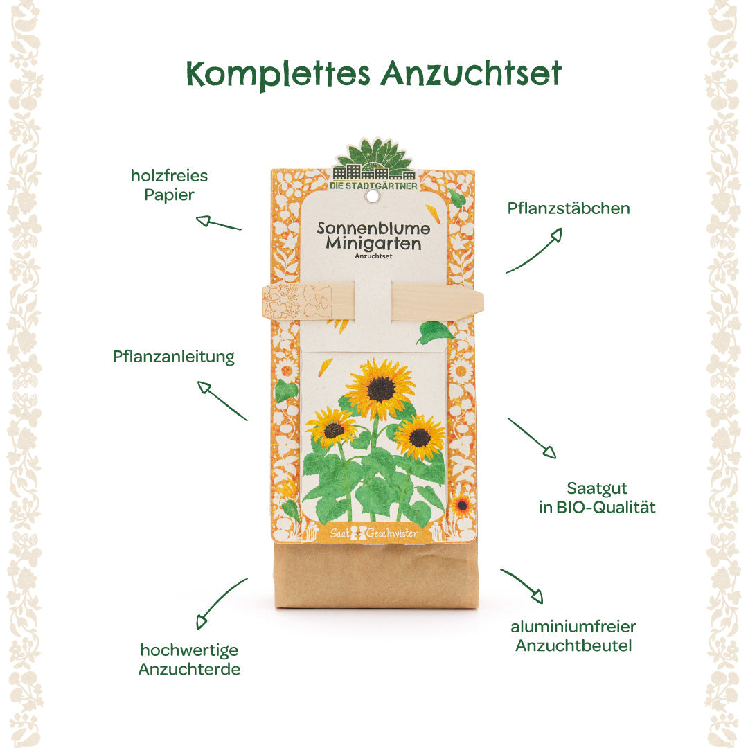 Anzuchtset für Minigarten mit BIO-Sonnenblumen von Die Stadtgärtner, inklusive Samen, Erde und Anzuchttöpfen.