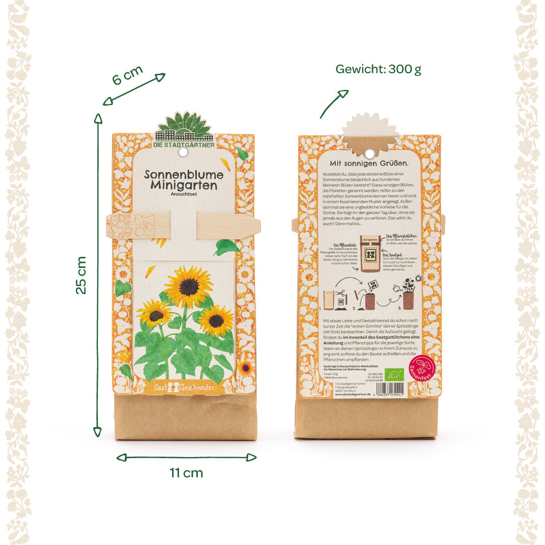 Anzuchtset für Minigarten mit Sonnenblumen, bio, von Die Stadtgärtner, zeigt die jungen Sonnenblumenpflanzen in Anzuchtbox.