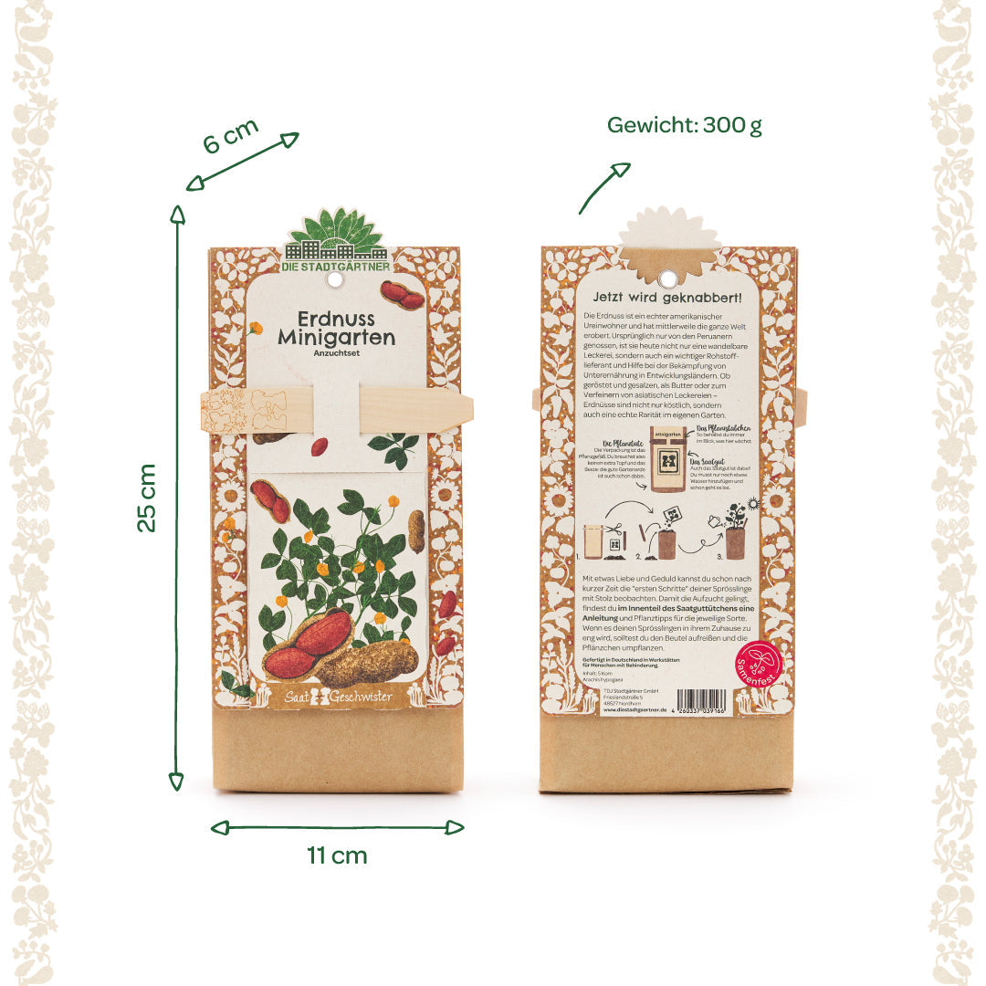Anzuchtset für Minigarten mit Erdnüssen, von Die Stadtgärtner, zeigt kleine Pflanzgefäße und Erdnusssamen für den Anbau.