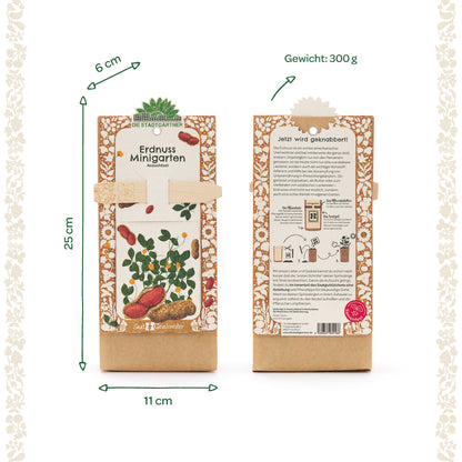 Anzuchtset für Minigarten mit Erdnüssen, von Die Stadtgärtner, zeigt kleine Pflanzgefäße und Erdnusssamen für den Anbau.