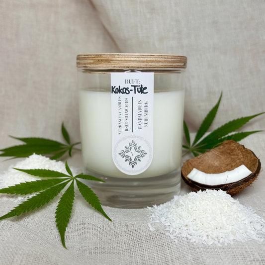 Sojawachs Duftkerze in Kokos- und Hanf-Duft, verdancia Marke, mit Kokos-Tüte, natürliche Kerzen für entspannende Atmosphäre