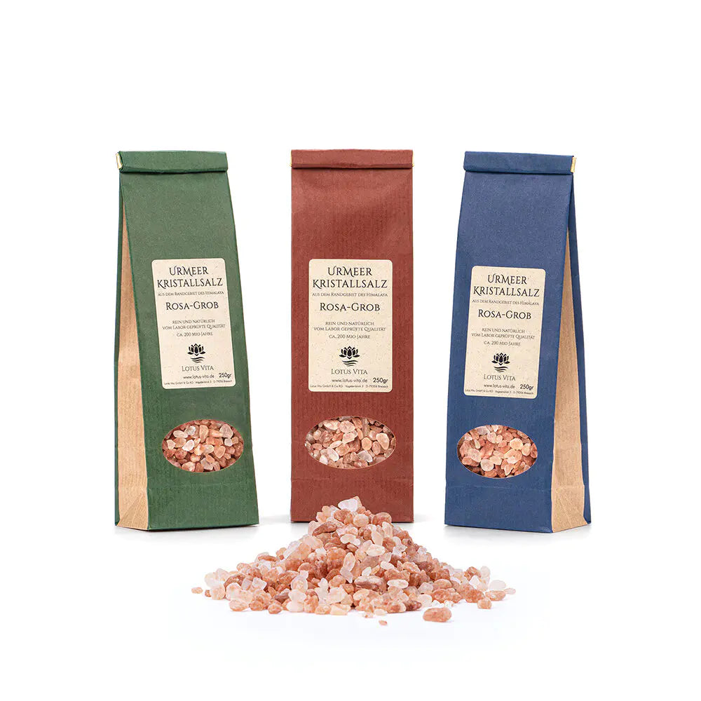 Grobkörniges Himalaya-Urmeersalz von Lotus Vita, natürliche Kristallsalz in drei Farben, 250g Packung, reine Meersalzqualität