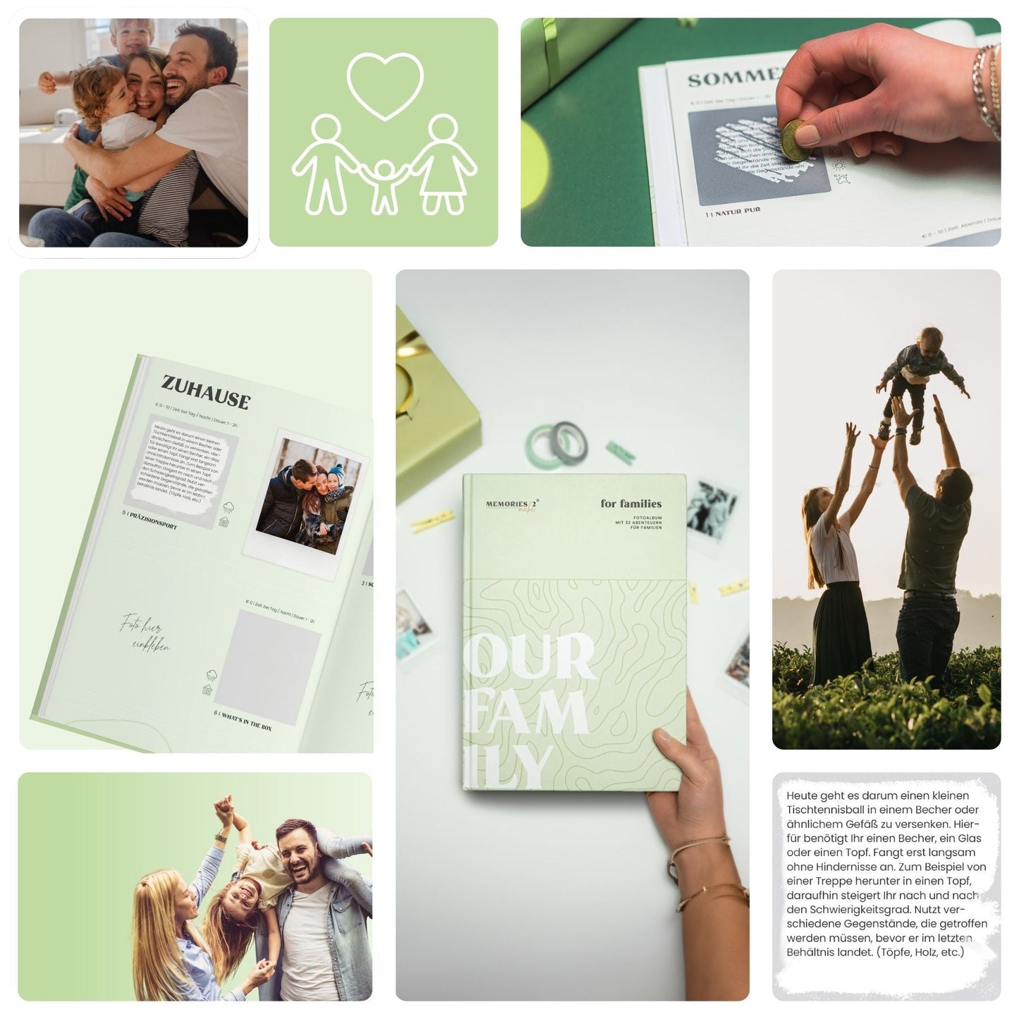 Familie beim Lesen eines Memories2Make Challengebuchs für gemeinsame Abenteuer und unvergessliche Momente.