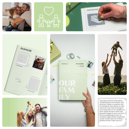 Familie beim Lesen eines Memories2Make Challengebuchs für gemeinsame Abenteuer und unvergessliche Momente.