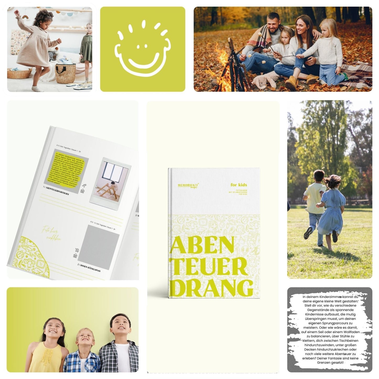 Kinder, die in einem memory2make Challengebuch für Kinder blättern, mit bunten Illustrationen und Lesezeichen im Buch.