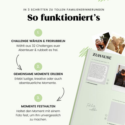 Memory2Make Challengebuch für Familien mit 32 Abenteuern, offene Seiten, bunte Illustrationen, fördert gemeinsame Erlebnisse.