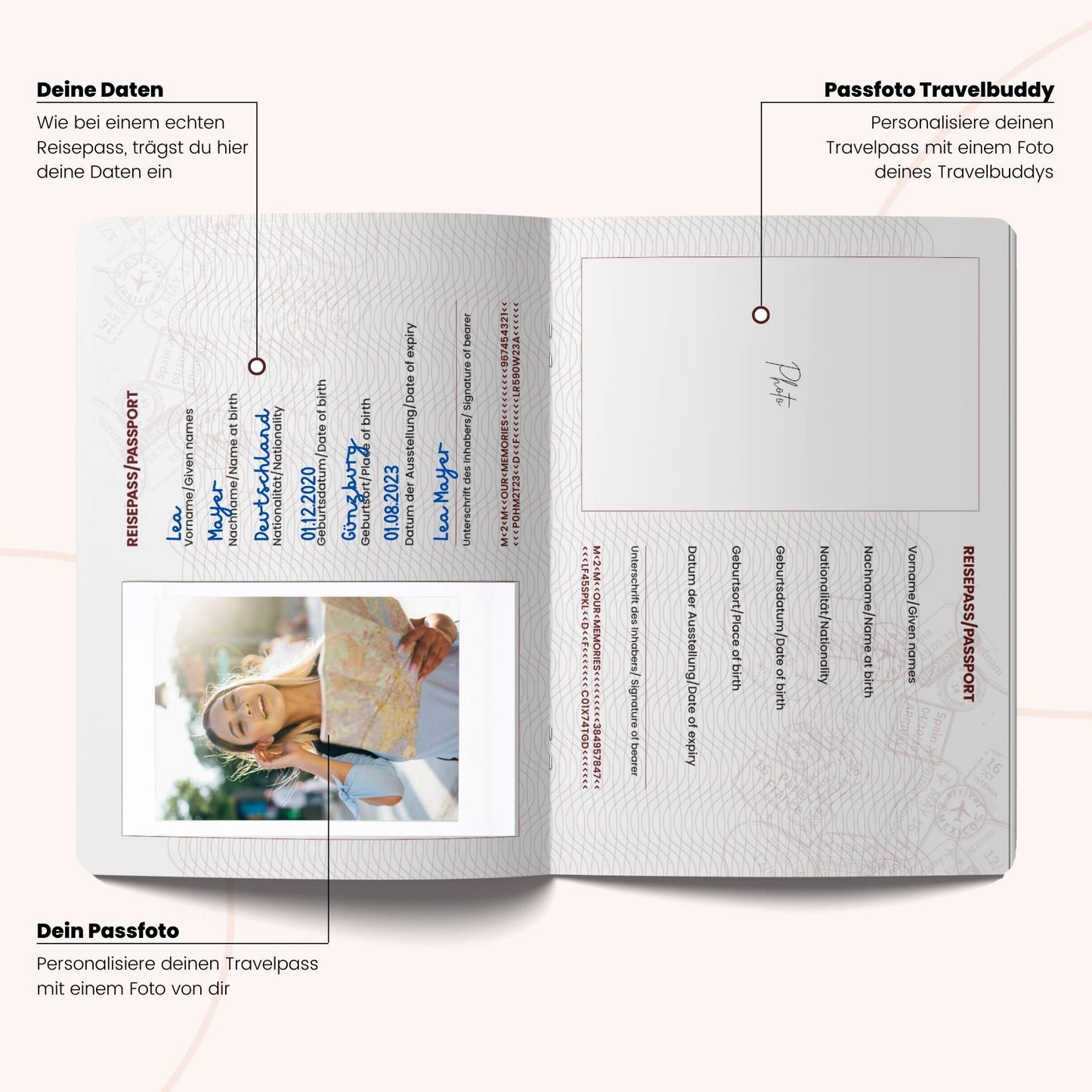 Reisetagebuch von memories2make, Travelpass, mit stilvollem Cover und Platz für Reiseerinnerungen und Fotos.