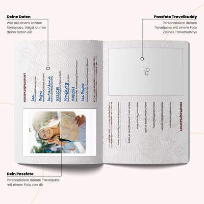 Reisetagebuch von memories2make, Travelpass, mit stilvollem Cover und Platz für Reiseerinnerungen und Fotos.