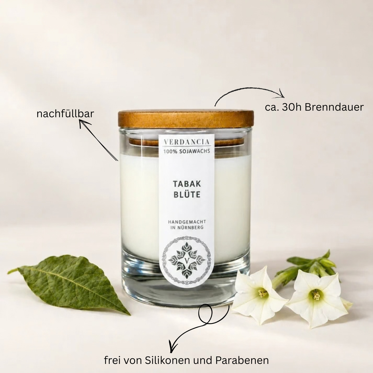 Tabakblüte Duftkerze Hoverbild Verdancia