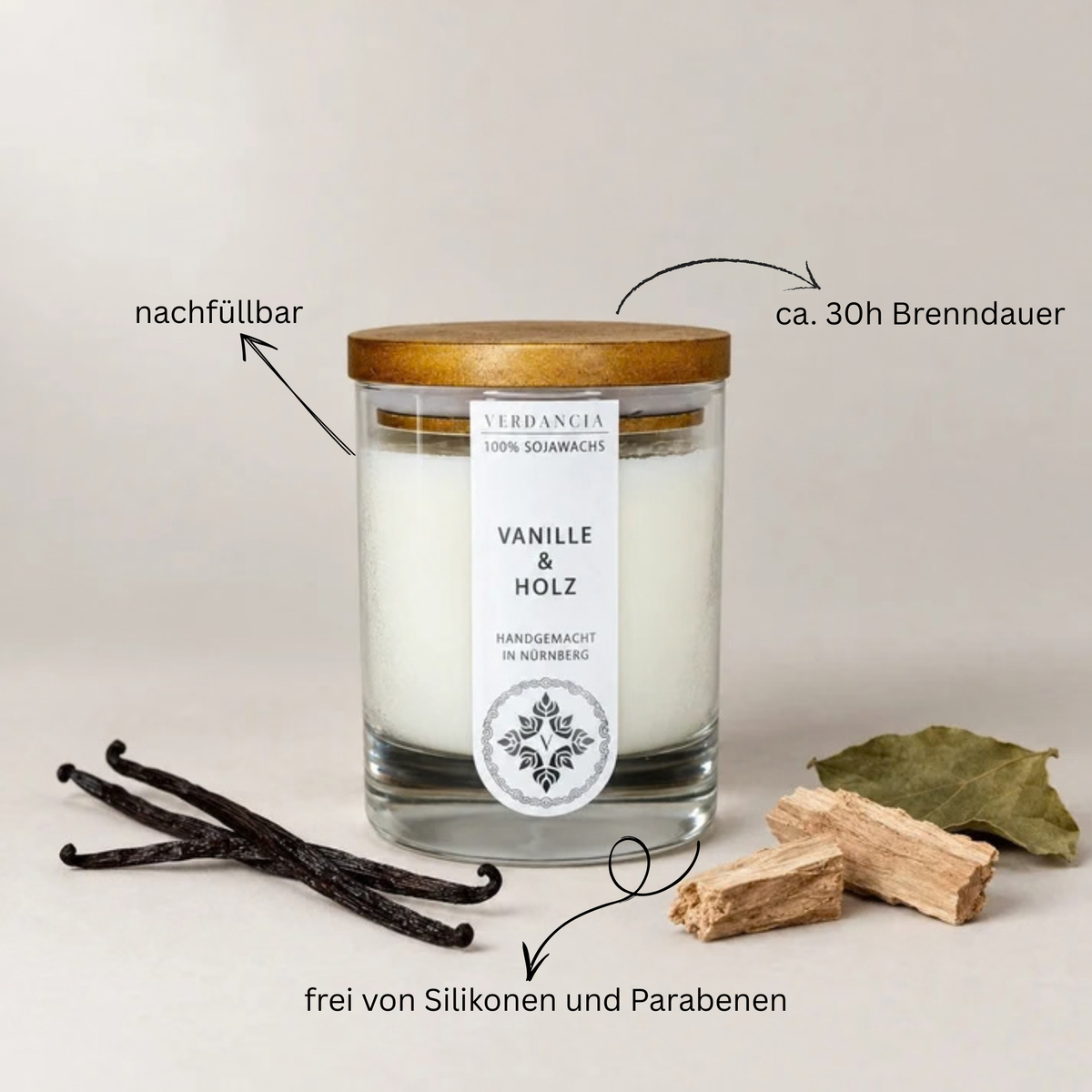 Vanille und Holz Duftkerze Hoverbild Verdancia