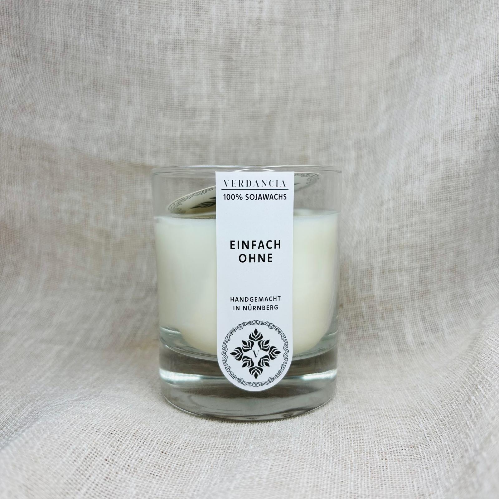 Verdancia Soja Duftkerze "Einfach Ohne" in minimalistischer Verpackung, ohne Duft, auf neutralem Hintergrund.