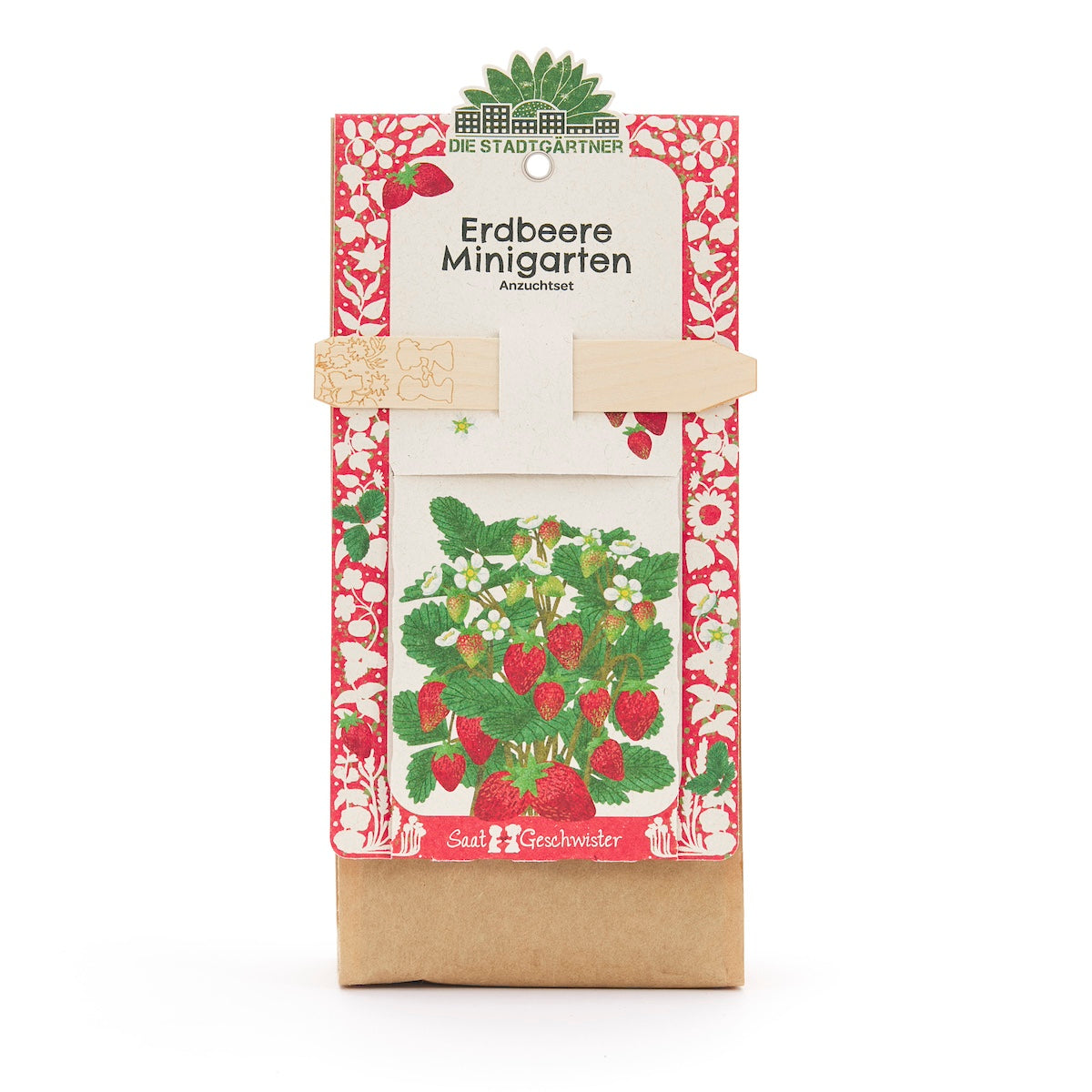 Anzuchtset von Die Stadtgärtner mit Saatgut für Minigarten Erdbeeren, ideal für den Anbau zu Hause, zeigt die Samen und Pflanzenbehälter