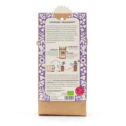 Anzuchtset von Die Stadtgärtner mit BIO-Lavendel-Samen für einen Minigarten, inklusive Saatgut und Anzuchtmaterial.