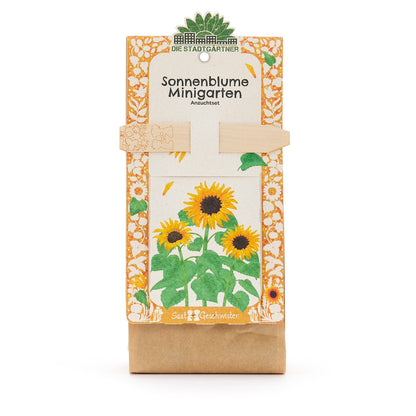 Anzuchtset für Minigarten mit BIO-Sonnenblumen-Saatgut von Die Stadtgärtner, inklusive Anzuchttöpfen und Samen für Sonnenblumen.