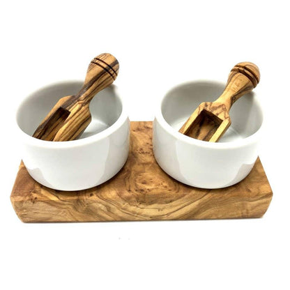 Set of 2 salt bowls with salt scoop, olive wood