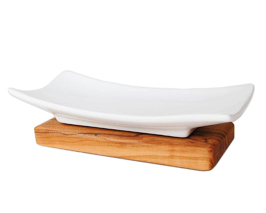 Porte-savon en porcelaine avec base en bois d'olivier