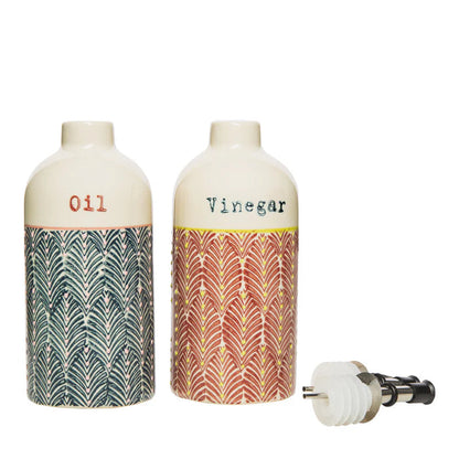 Bunte handgestempelte Essig- und Ölflasche aus Steinzeug von Tranquillo, farbenfroher Behälter für Küche und Tisch.