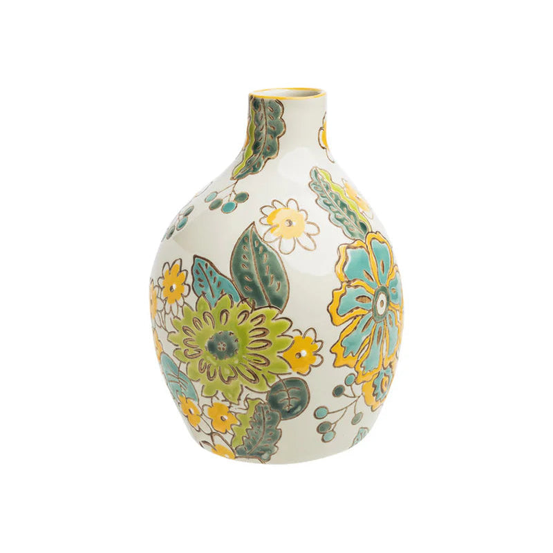 Große handbemalte Steingefäß-Vase CHARMING COTTAGE von Tranquillo mit floralen Mustern, aus Steinzeug gefertigt