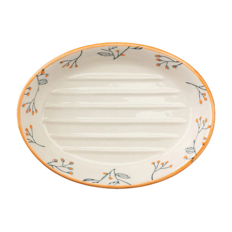 Seifenschale ROMANTIC aus Steinzeug von Tranquillo, handgestempelt mit floralem Design, perfekte Seifenablage.