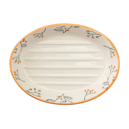 Seifenschale ROMANTIC aus Steinzeug von Tranquillo, handgestempelt mit floralem Design, perfekte Seifenablage.