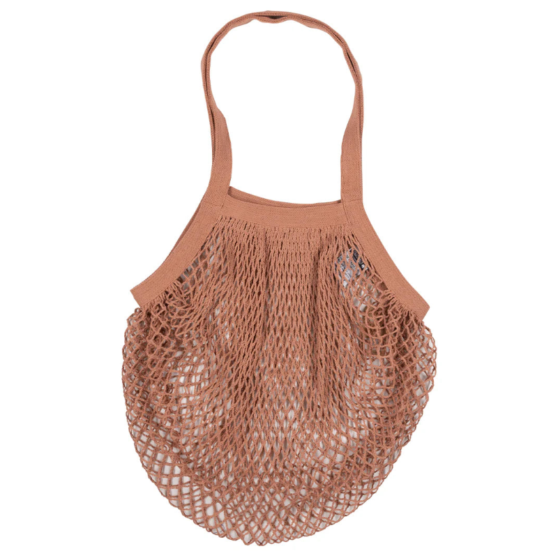 Netzbeutel Braun-Rose aus Bio-Baumwolle von Tranquillo, nachhaltige GOTS-zertifizierte Tasche mit Tragegriffen.