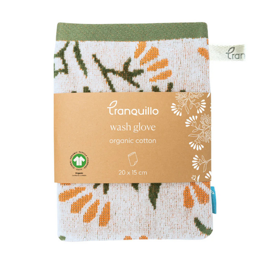 Weicher Waschhandschuh FLORAL aus Bio-Baumwolle von Tranquillo, GOTS-zertifiziert, mit floralem Muster, zum Waschen und Reinigen