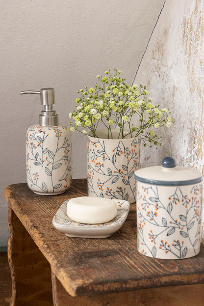 Handgestempelter Zahnbürstenhalter ROMANTIC aus Steinzeug mit floralem Design, Tranquillo, für stilvolle Zahnbürstenaufbewahrung.