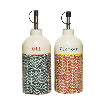 Bunte handgestempelte Essig- und Ölflasche aus Steinzeug von Tranquillo, farbenfrohes Design, ideal für Küche und Tisch.