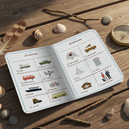 Roadtyping Kinder Abenteuerpass, Kinderbuch mit bunten Illustrationen und Reiseaktivitäten für kleine Entdecker unterwegs.