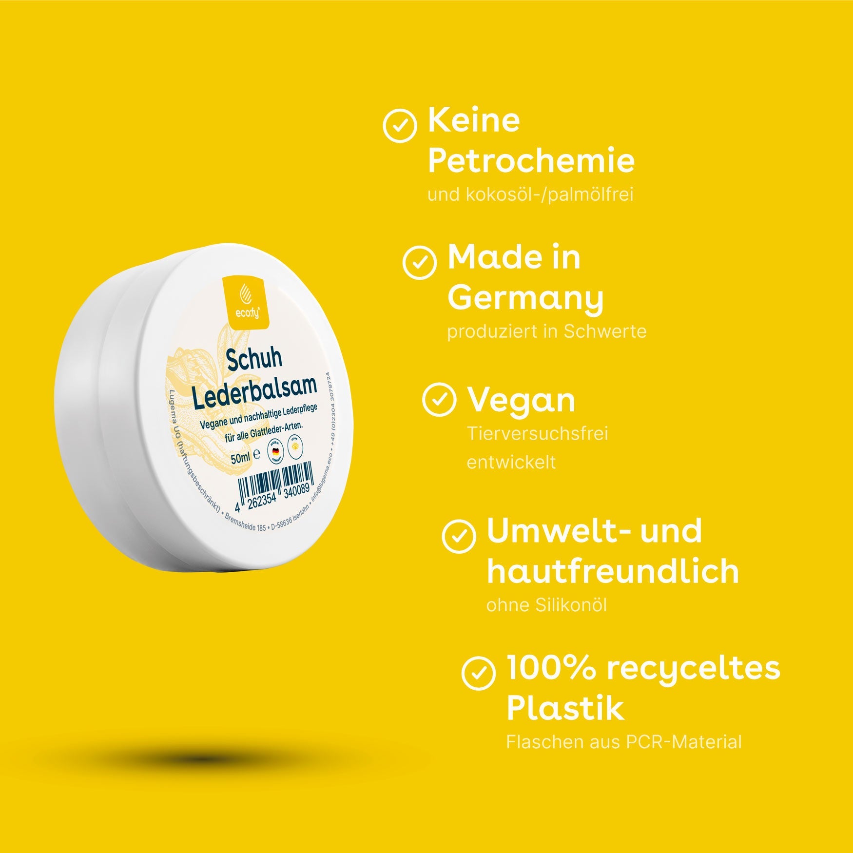 Veganes Lederbalsam von eco:fy für Schuhe, farblos, intensivpflegend, pflegt und schützt veganes Schuhleder, zeigt die Balsam-Textur.